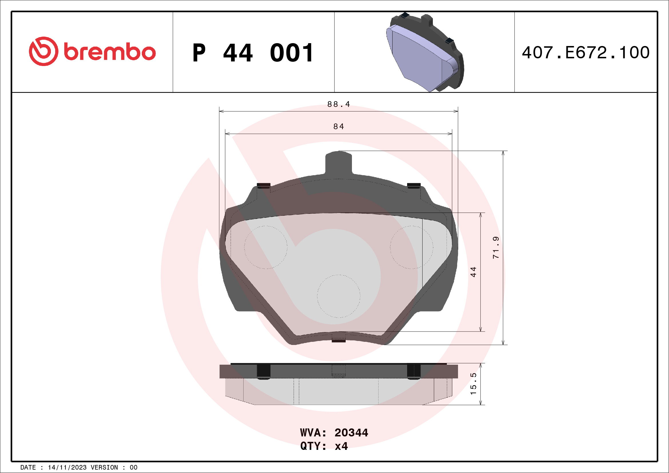 A.B.S. P 44 001 BREMBO Bremsbelagsatz, Scheibenbremse